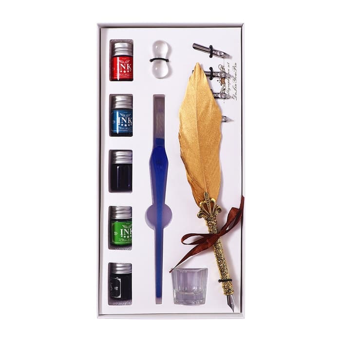 Набор для каллиграфии, перьевая и стеклянная ручка, чернила, подставка, перья 5 штук, чернильница
