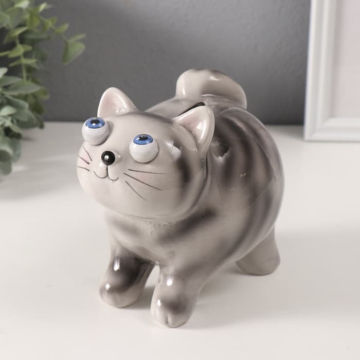 Копилка для денег «Котик-пучеглаз серый полосатый», керамика, 11×15.2×13.4 см