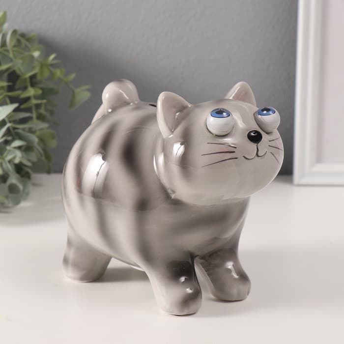 Копилка для денег «Котик-пучеглаз серый полосатый», керамика, 11×15.2×13.4 см