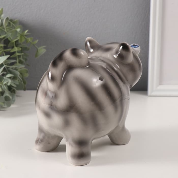 Копилка для денег «Котик-пучеглаз серый полосатый», керамика, 11×15.2×13.4 см