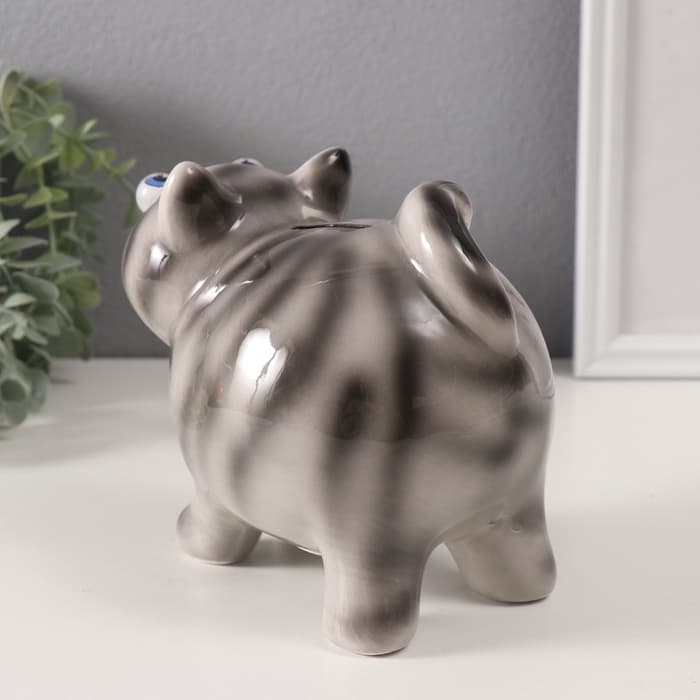 Копилка для денег «Котик-пучеглаз серый полосатый», керамика, 11×15.2×13.4 см