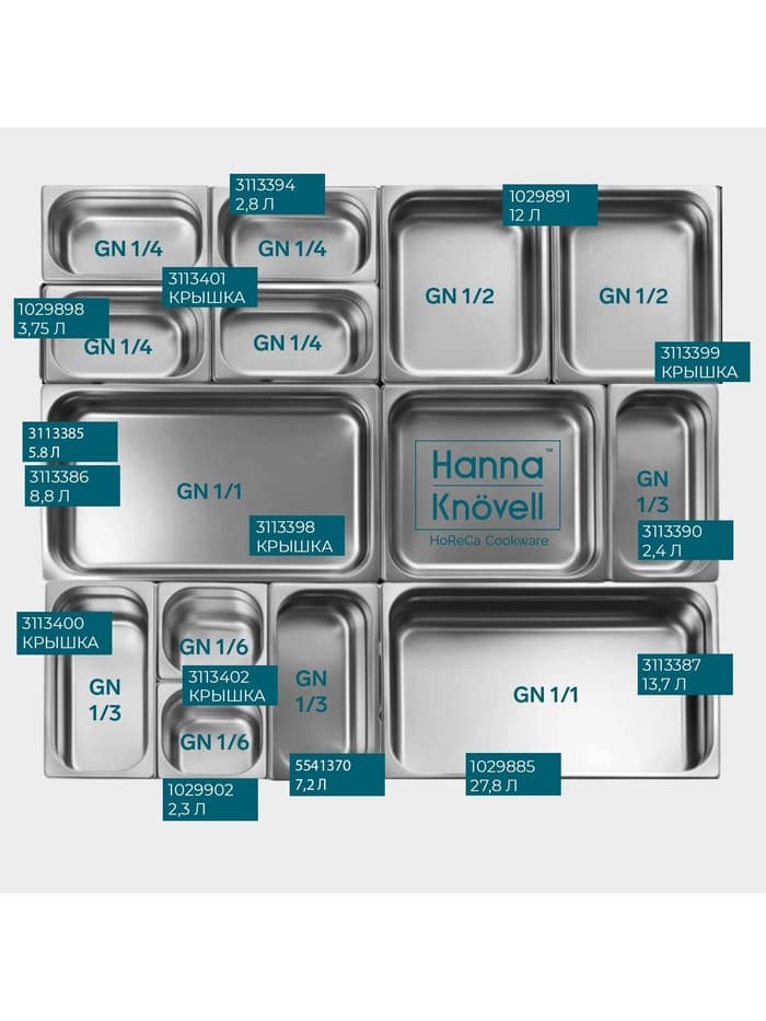 Гастроёмкость GN 1/6 Hanna Knövell, 65 мм, 176×162×65 мм, толщина 0.8 мм, нержавеющая сталь