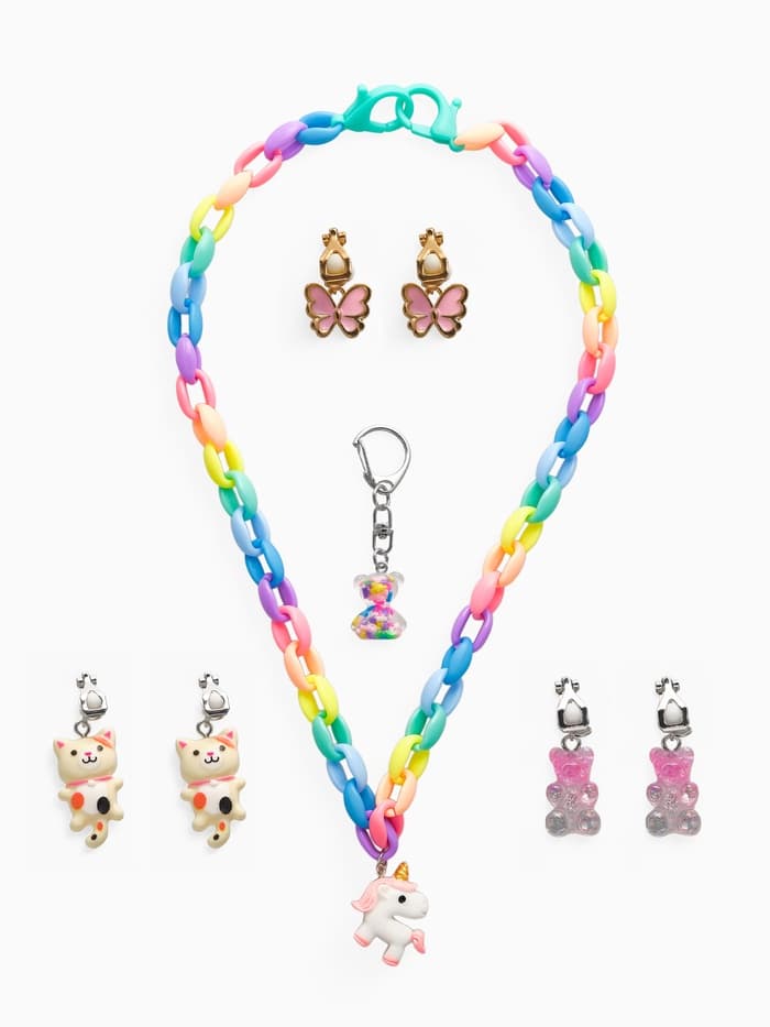 Набор детских украшений «Выбражулька. Сказка», 5 предметов: цепочка единорог, 3 пары клипс, брелок мишка