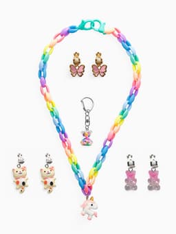 Набор детских украшений «Выбражулька. Сказка», 5 предметов: цепочка единорог, 3 пары клипс, брелок мишка