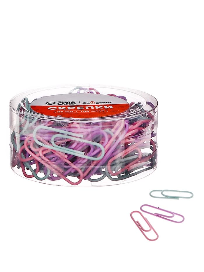 Скрепки 28 мм пастель в пластиковой тубе 100 штук