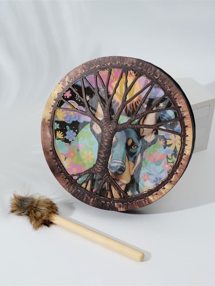 Шаманский бубен «Доберман в цветах», музыкальный инструмент, с колотушкой, 5×25×25 см