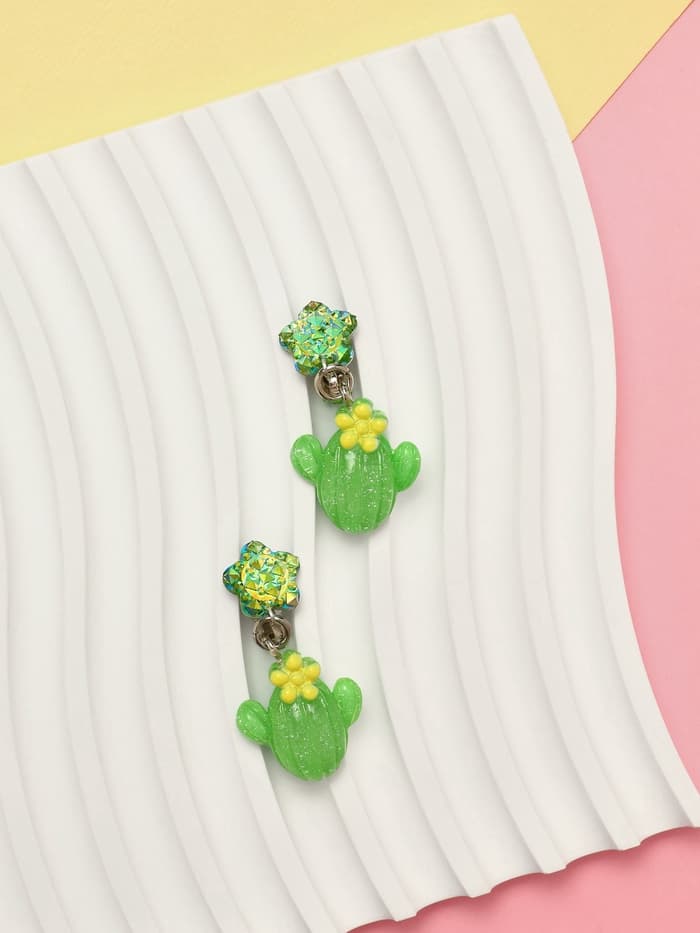 Серьги клипсы детские «Выбражулька. Кактус с звездой и кристалл», зелёные