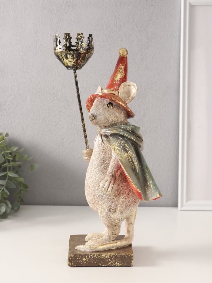 Фигурка - подсвечник полистоун «Мышонок-волшебник», 16×18.5×32 см