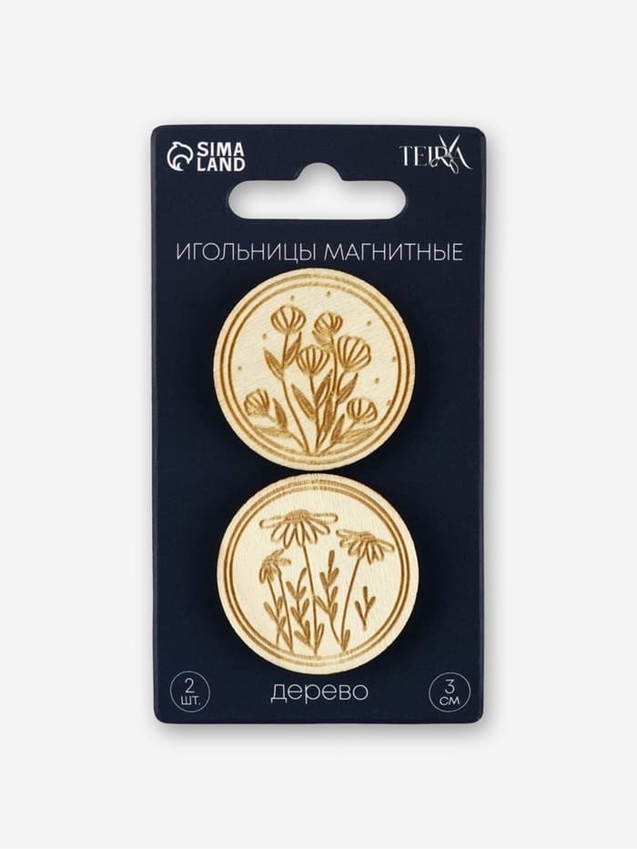 Игольница «Цветы» TEIRA, с магнитом, круглая, d=3 см, набор 2 шт., деревянная