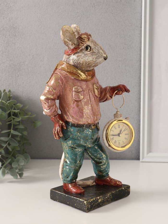 Фигурка - часы настольные полистоун «Мышонок-пилот», 10.5×12.5×27.5 см
