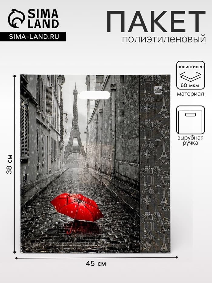 Пакет «Мой Париж», полиэтиленовый с вырубной ручкой, 38×45 см, 60 мкм