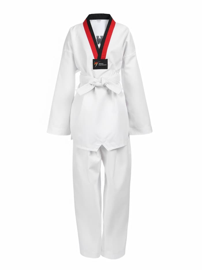Кимоно для тхэквондо FIGHT EMPIRE, размер 150, детский, белый, чёрно-красный ворот
