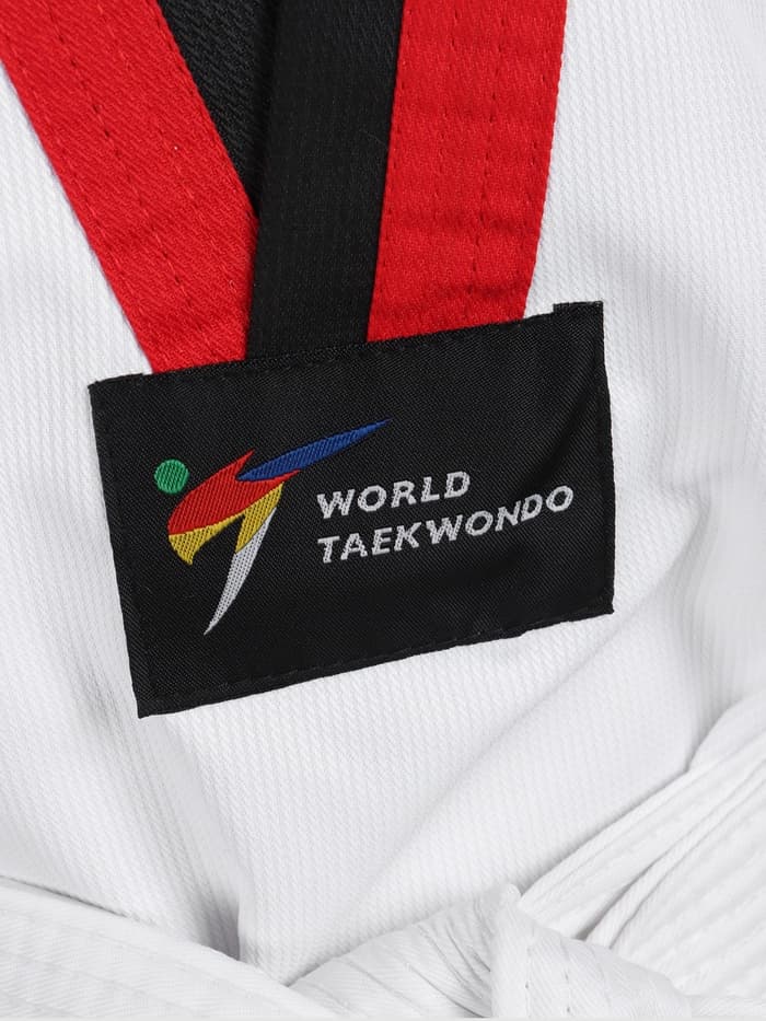 Кимоно для тхэквондо FIGHT EMPIRE, размер 150, детский, белый, чёрно-красный ворот