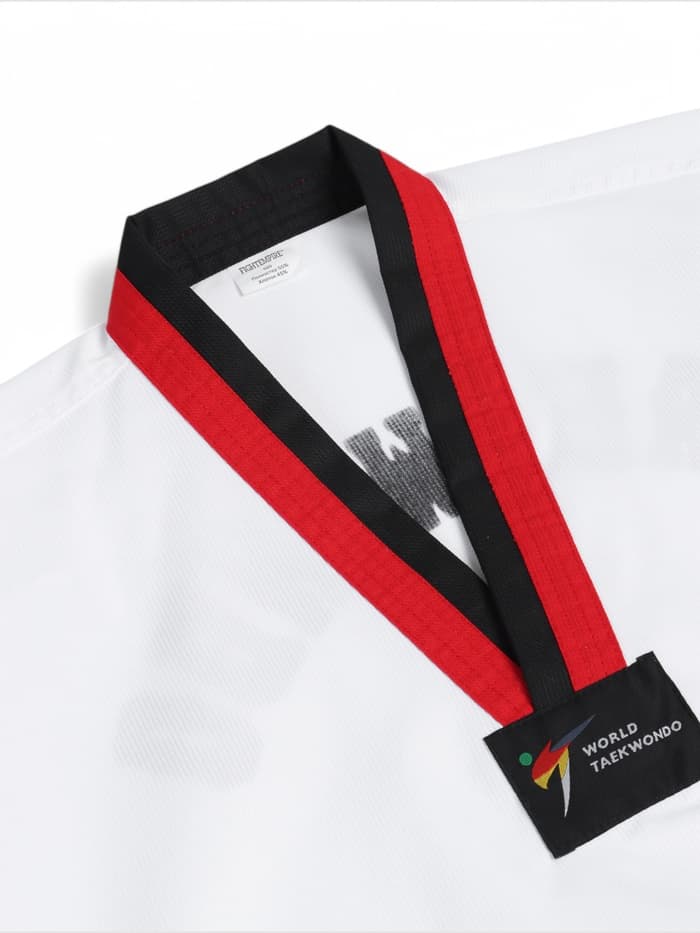 Кимоно для тхэквондо FIGHT EMPIRE, размер 150, детский, белый, чёрно-красный ворот
