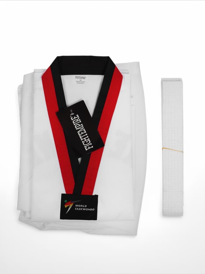 Кимоно для тхэквондо FIGHT EMPIRE, размер 150, детский, белый, чёрно-красный ворот