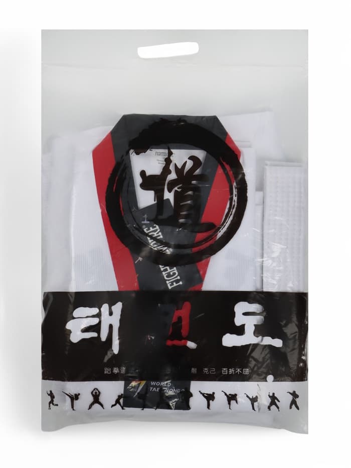 Кимоно для тхэквондо FIGHT EMPIRE, размер 150, детский, белый, чёрно-красный ворот