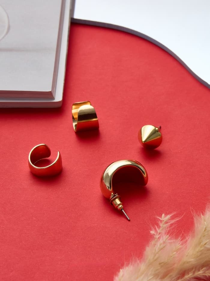 Серьги и кафф QF «Объёмные фигуры», набор 4 шт. цвет золото