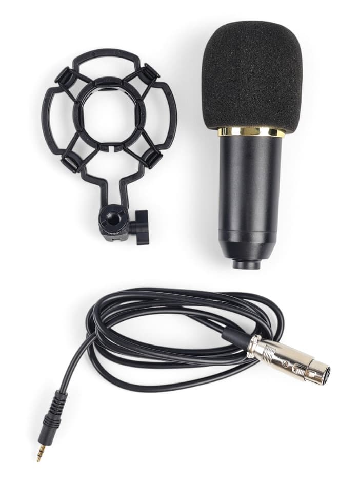 Микрофон конденсаторный Music Life золотой: кабель, ветрозащита, стойка