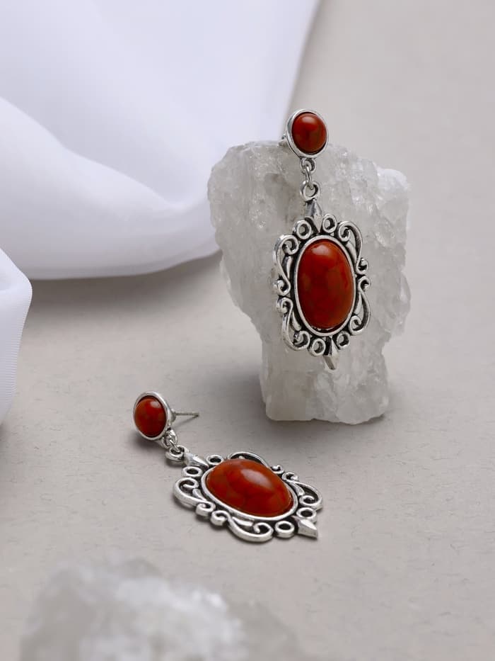 Серьги «Ажур» капля винтаж, красные в чернённом серебре