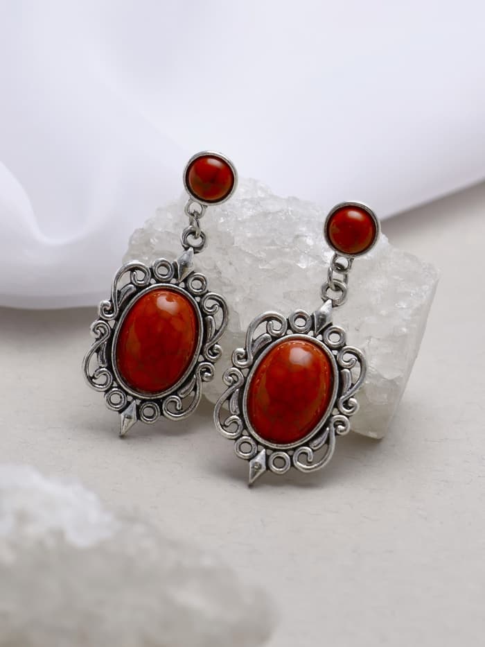 Серьги «Ажур» капля винтаж, красные в чернённом серебре