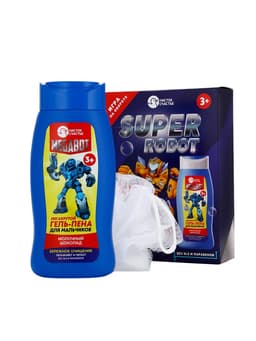 Подарочный набор детский SUPER ROBOT, гель-пена 250 мл и мочалка, Чистое счастье