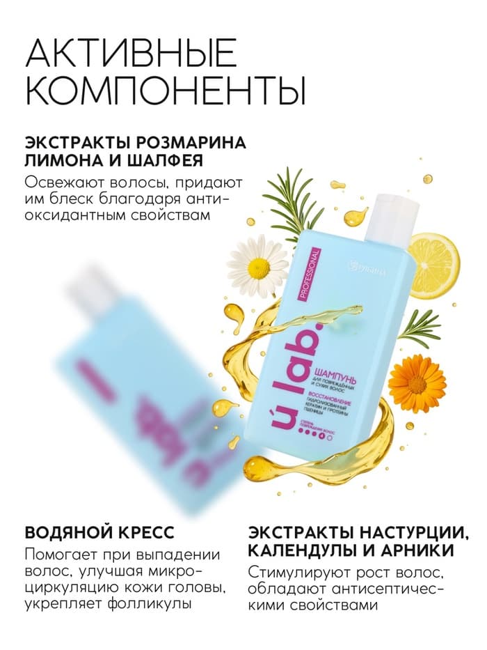 Профессиональный восстанавливающий шампунь женский, для сухих и пористых волос с кератином и протеинами пшеницы, 250 мл ULAB