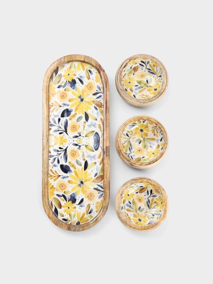 Набор розеток на подносе «Желтые и синие цветы», 3 шт., 33.5×13×6.5 см, дерево манго