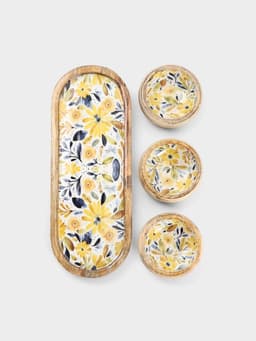 Набор розеток на подносе «Желтые и синие цветы», 3 шт., 33.5×13×6.5 см, дерево манго