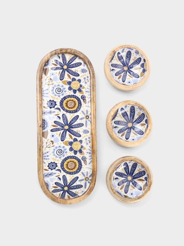 Набор розеток на подносе «Васильки», 3 шт., 33.5×13×6.5 см, дерево манго