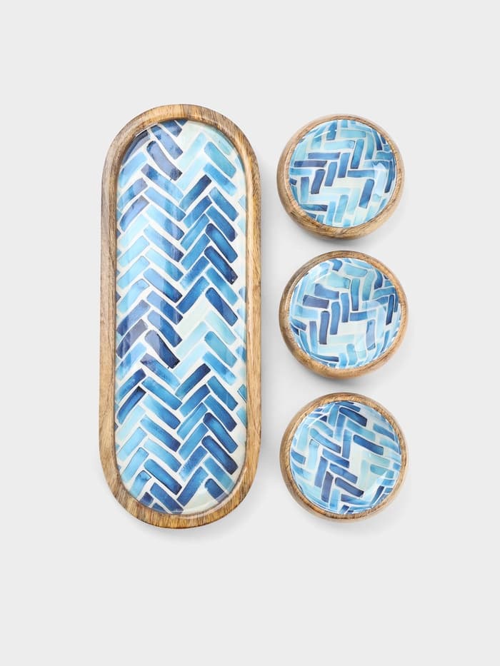 Набор розеток на подносе «Синяя мозаика», 3 шт., 33.5×13×6.5 см, дерево манго