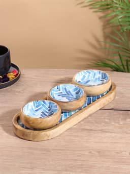 Набор розеток на подносе «Синяя мозаика», 3 шт., 33.5×13×6.5 см, дерево манго