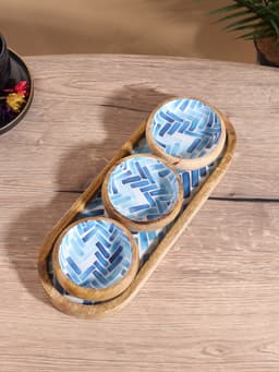 Набор розеток на подносе «Синяя мозаика», 3 шт., 33.5×13×6.5 см, дерево манго