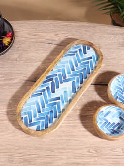 Набор розеток на подносе «Синяя мозаика», 3 шт., 33.5×13×6.5 см, дерево манго