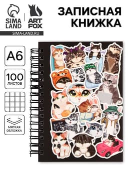 Записная книжка А6, 100 листов, в клетку «Мемные коты»