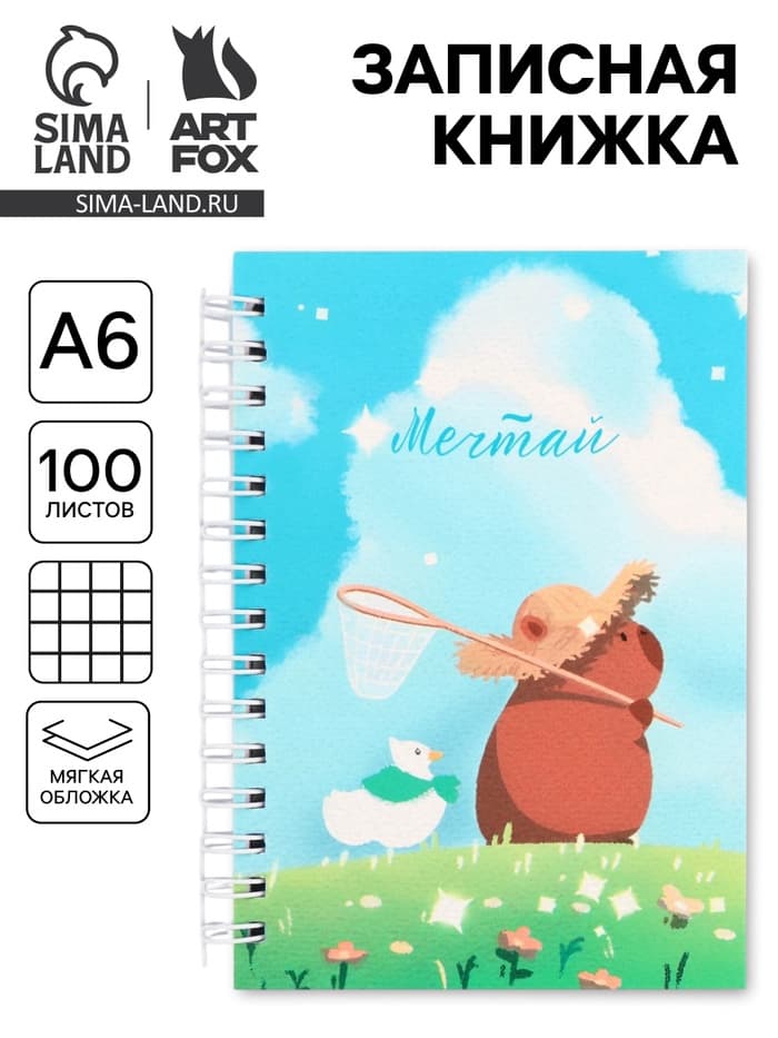 Записная книжка А6, 100 листов, в клетку «Капибара»