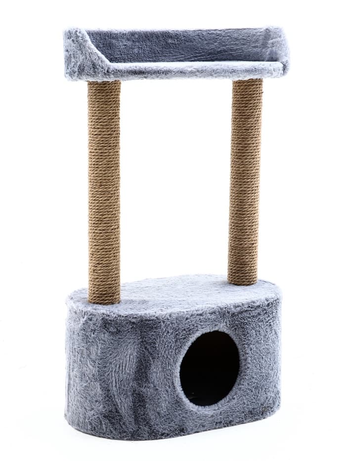Домик для кошек с когтеточкой, 51×31×87 см, с овальной полкой, джут, серый