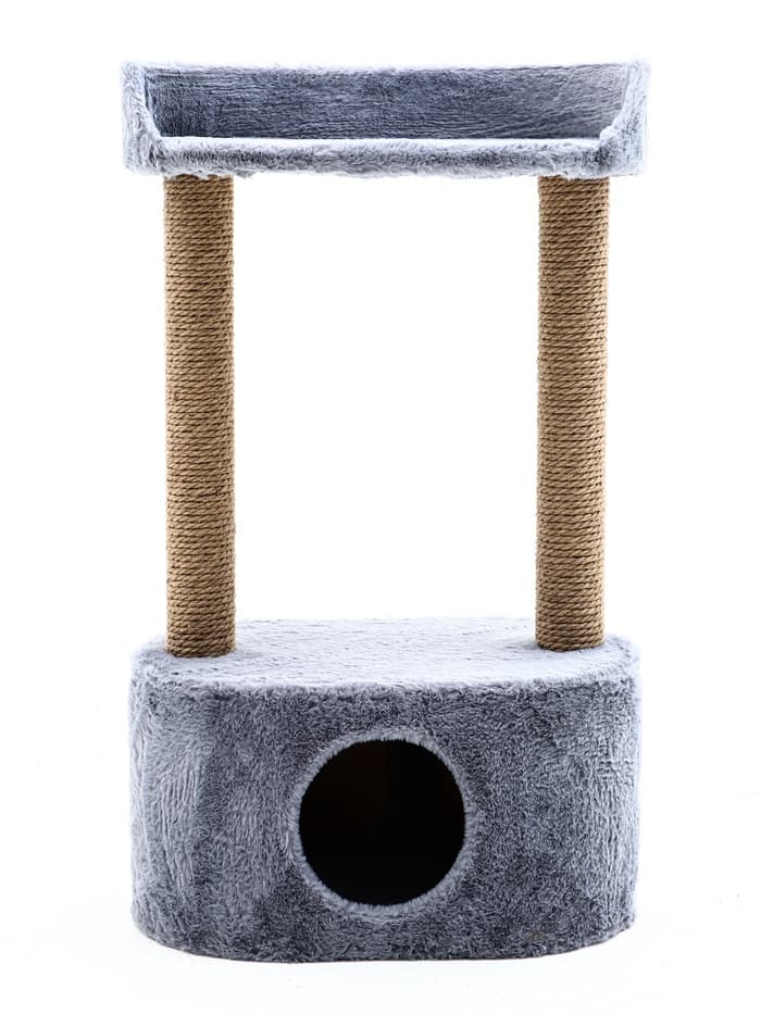 Домик для кошек с когтеточкой, 51×31×87 см, с овальной полкой, джут, серый