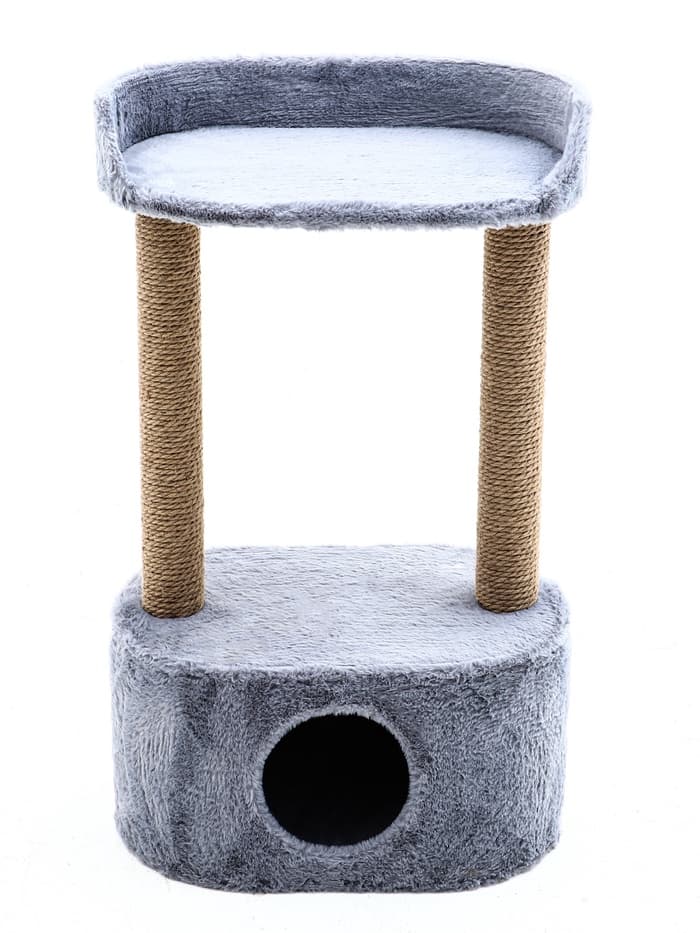 Домик для кошек с когтеточкой, 51×31×87 см, с овальной полкой, джут, серый