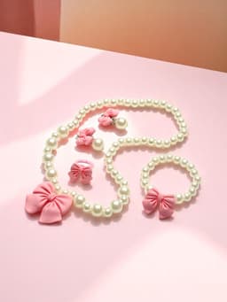 Набор детских украшений Выбражулька «Бант», 4 предмета: кулон, браслет d=6 см кольцо, клипсы, бело-розовый