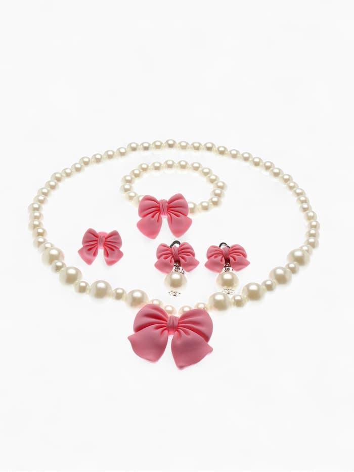 Набор детских украшений Выбражулька «Бант», 4 предмета: кулон, браслет d=6 см кольцо, клипсы, бело-розовый
