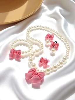 Набор детских украшений Выбражулька «Бант», 4 предмета: кулон, браслет d=6 см кольцо, клипсы, бело-розовый
