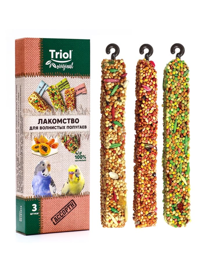 Лакомство Triol для волнистых попугаев, ассорти, 3 шт., 80 г