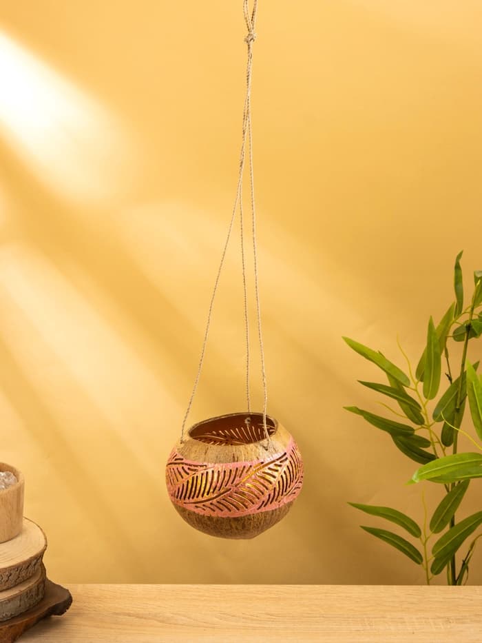 Подсвечник подвесной из кокоса, 11-13 см, розово-золотой