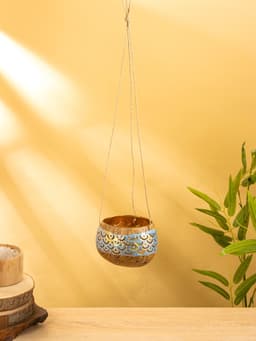 Подсвечник подвесной из кокоса, 9-12 см, золотисто-голубой