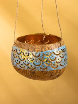 Подсвечник подвесной из кокоса, 9-12 см, золотисто-голубой