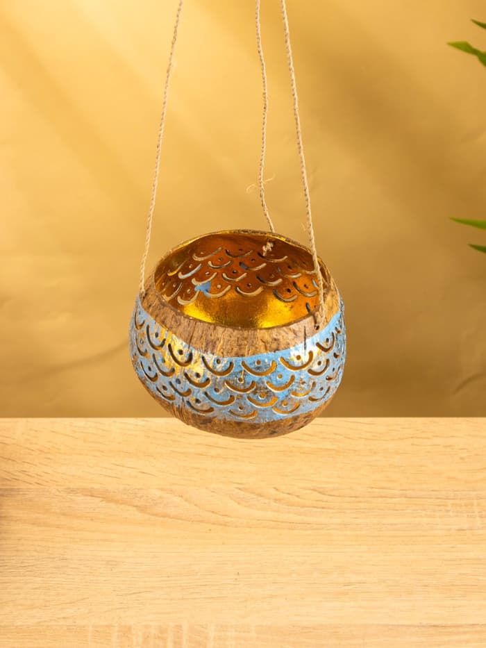 Подсвечник подвесной из кокоса, 9-12 см, золотисто-голубой