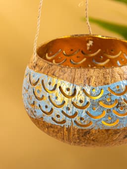 Подсвечник подвесной из кокоса, 9-12 см, золотисто-голубой