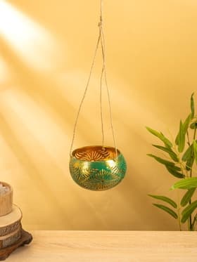 Подсвечник подвесной из кокоса, 12-14 см, тёмно зелёный-золотой