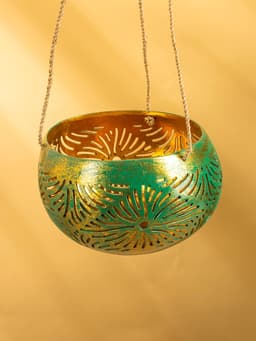 Подсвечник подвесной из кокоса, 12-14 см, тёмно зелёный-золотой