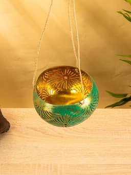 Подсвечник подвесной из кокоса, 12-14 см, тёмно зелёный-золотой